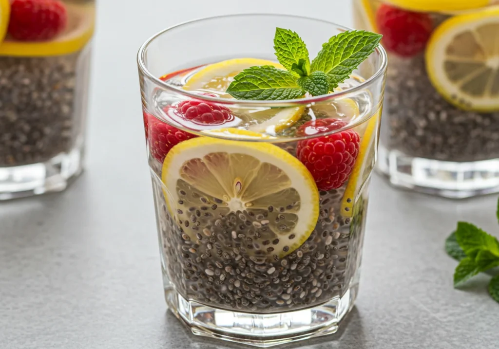 flavored chia seed water with lemon, mint, and blueberries