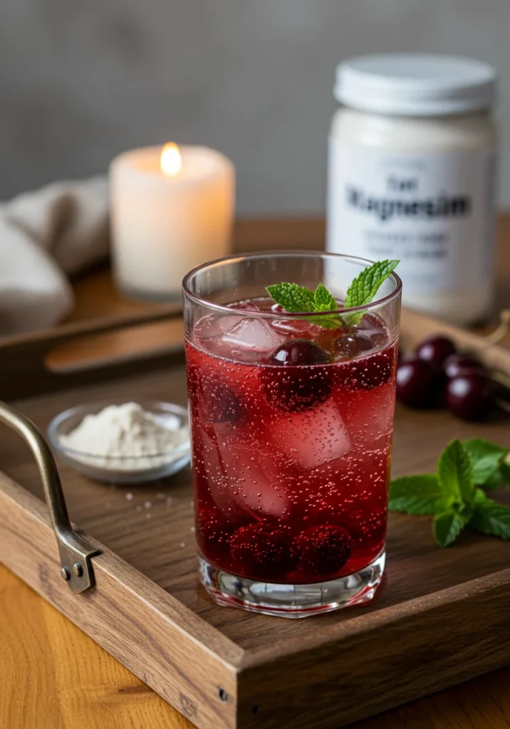 Sleepy girl mocktail in cozy kitchen with tart cherry and mint