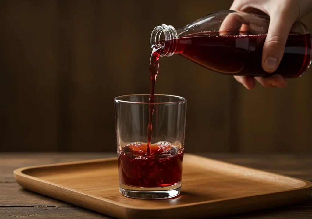 Pouring tart cherry juice into glass