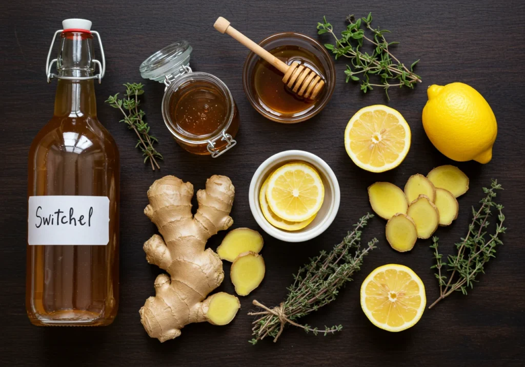 Switchel recipe ingredients laid out on wooden table