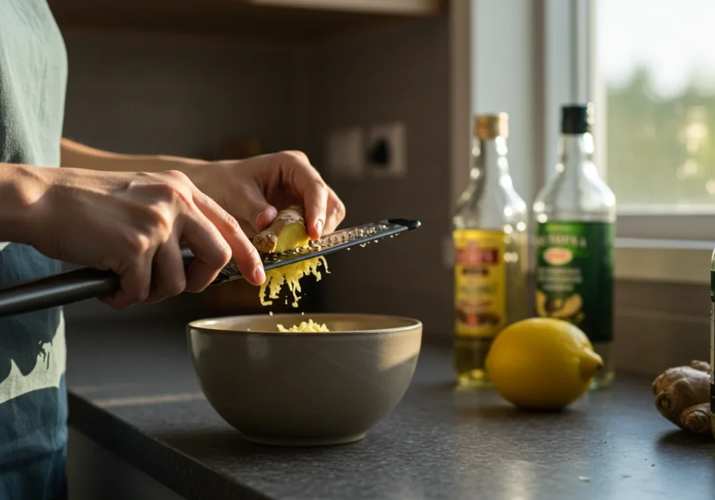 Grating ginger for switchel recipe preparation