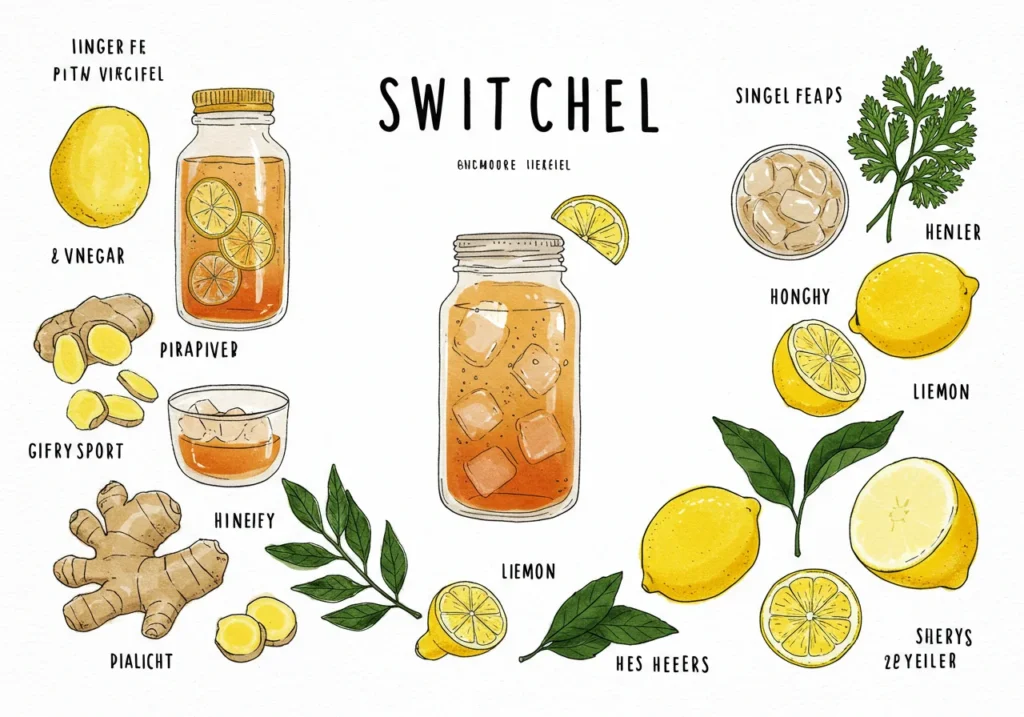 Illustrated switchel recipe card with ingredients