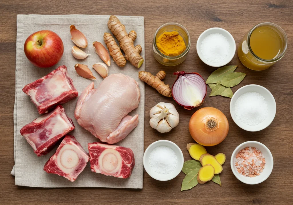 ngredients for gut healing bone broth laid out on wooden table