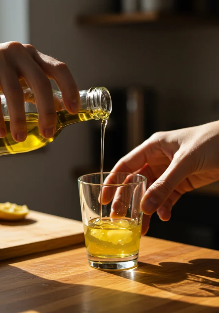 Pouring olive oil and lemon juice into glass
