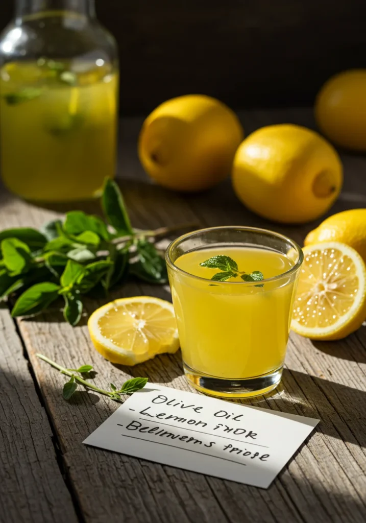 Finished olive oil lemon drink with recipe card