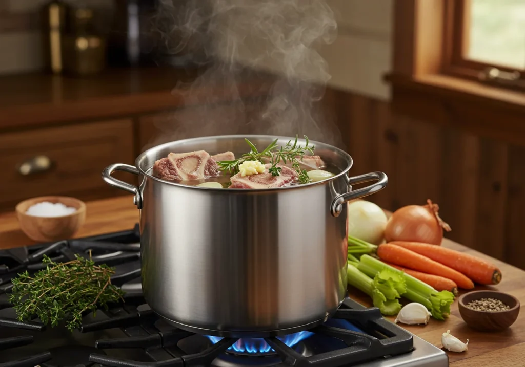 Gut healing bone broth simmering with herbs in pot