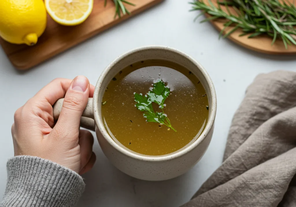 Gut healing bone broth simmering with herbs in pot