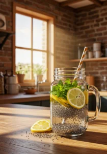 chia seed water in mason jar with lemon and mint on rustic counter