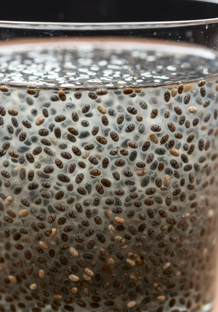 chia seed water ingredients on wooden table