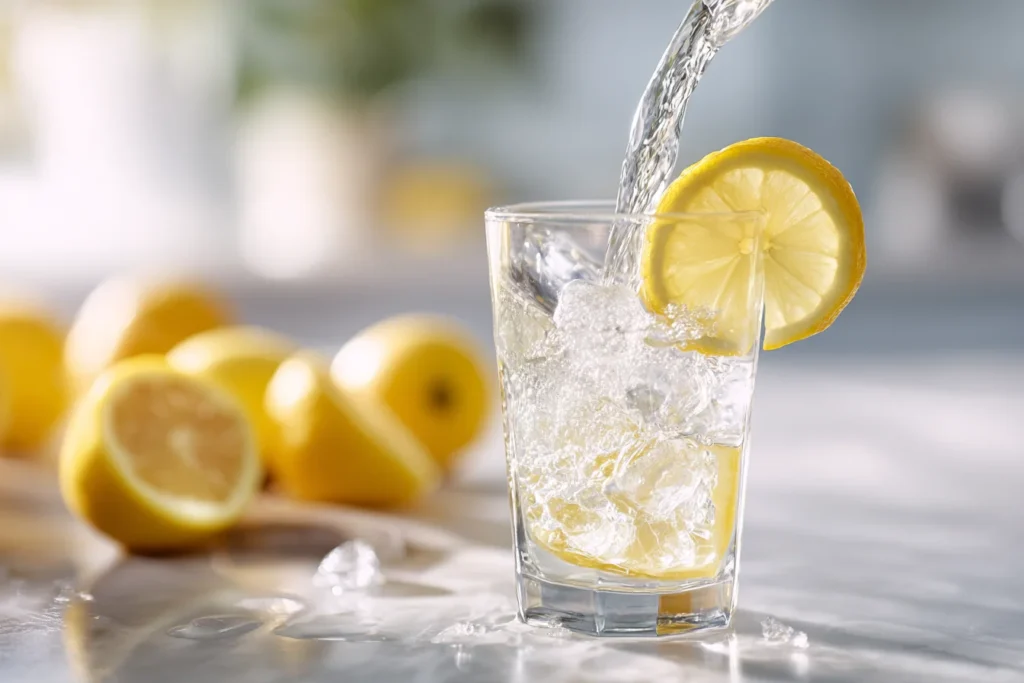 pouring lemon into ice water hack glass