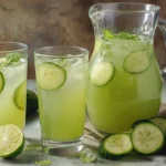 Cucumber agua fresca low carb in glass pitcher with lime and mint