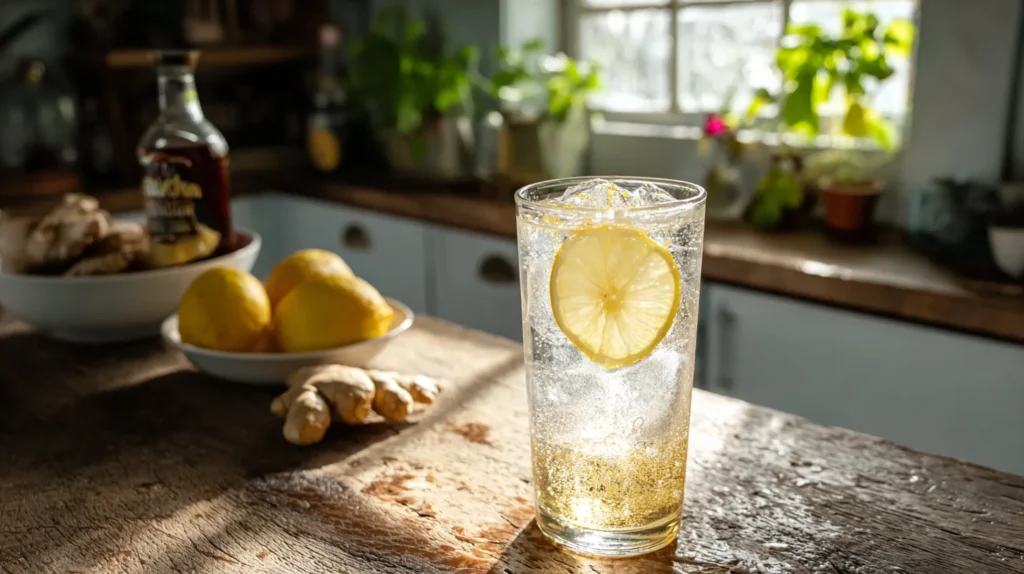 ice water hack recipe with lemon in rustic kitchen