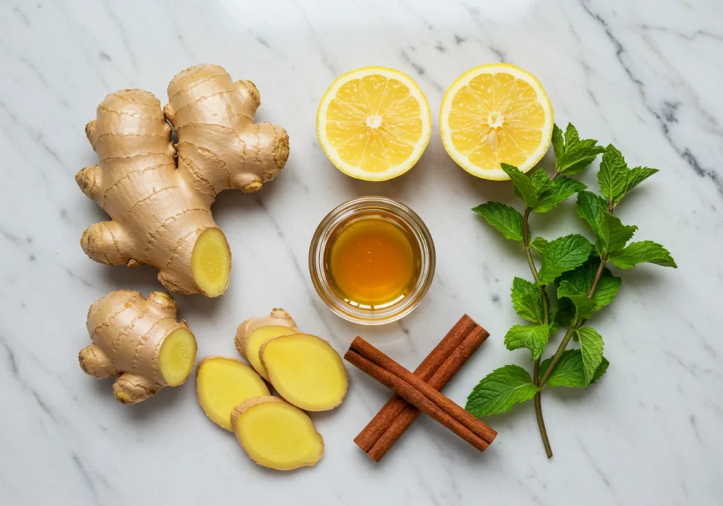 ginger tea for nausea ingredients layout