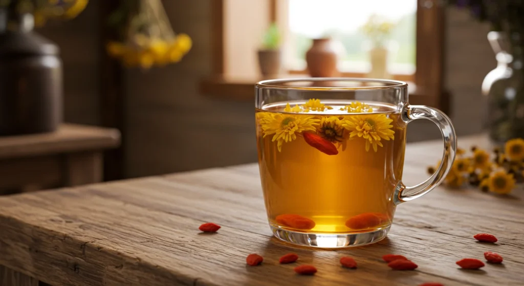Chrysanthemum tea with goji berry in a glass cup