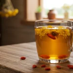 Chrysanthemum tea with goji berry in a glass cup