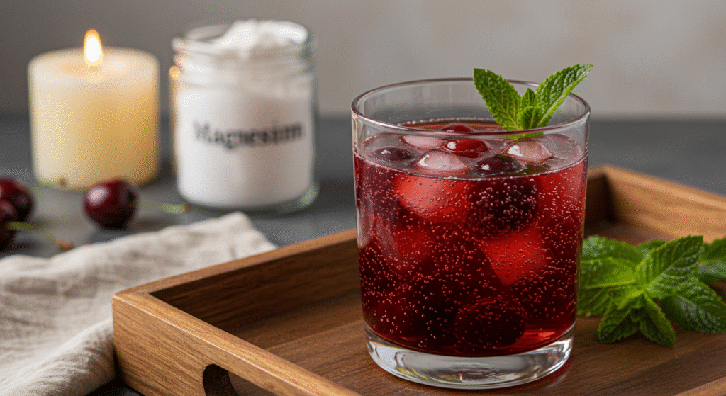 Sleepy girl mocktail in cozy kitchen with tart cherry and mint
