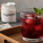 Sleepy girl mocktail in cozy kitchen with tart cherry and mint