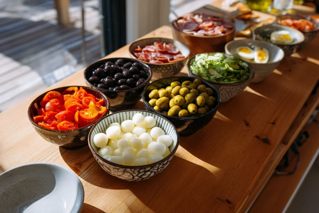 individual antipasto salad ingredients in small bowls