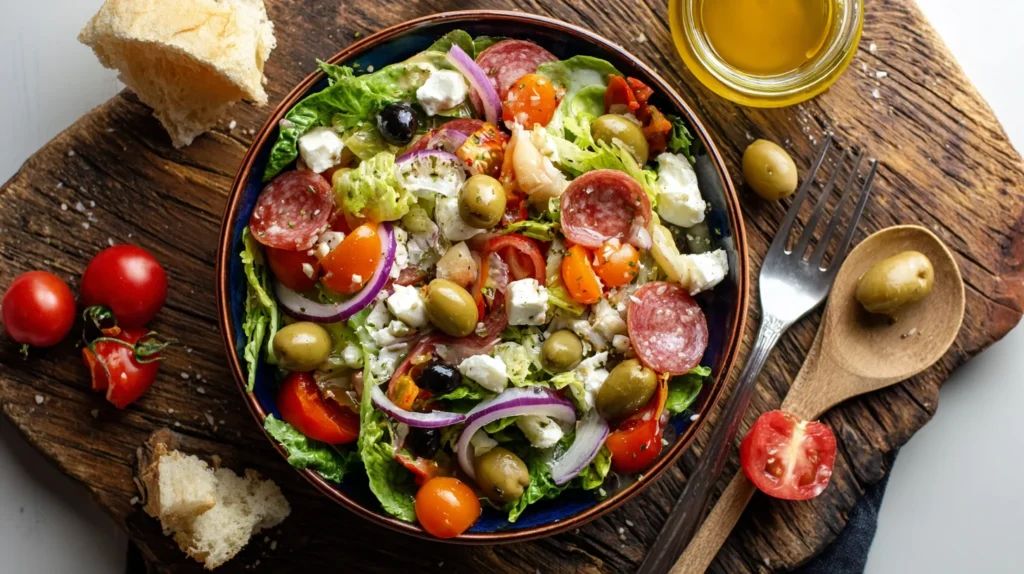 antipasto salad in ceramic bowl with olives, meats, and mozzarella