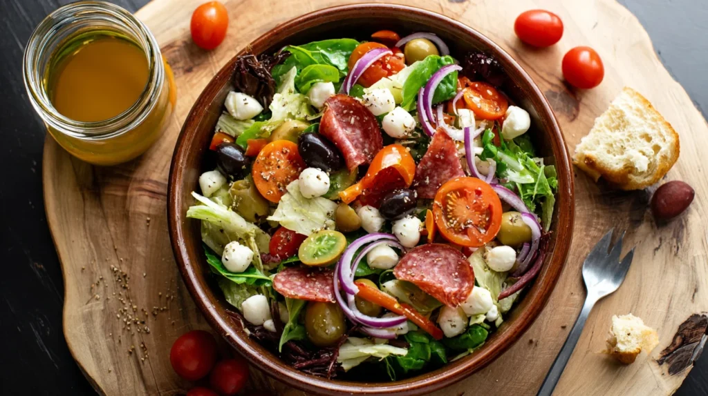 antipasto salad served with herbs and bread