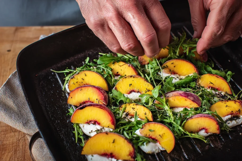 Assembling peach burrata salad with arugula and basil