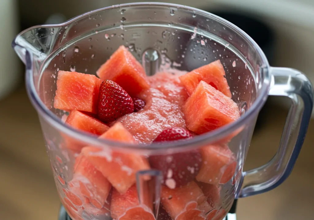 Blending watermelon and strawberries for juice