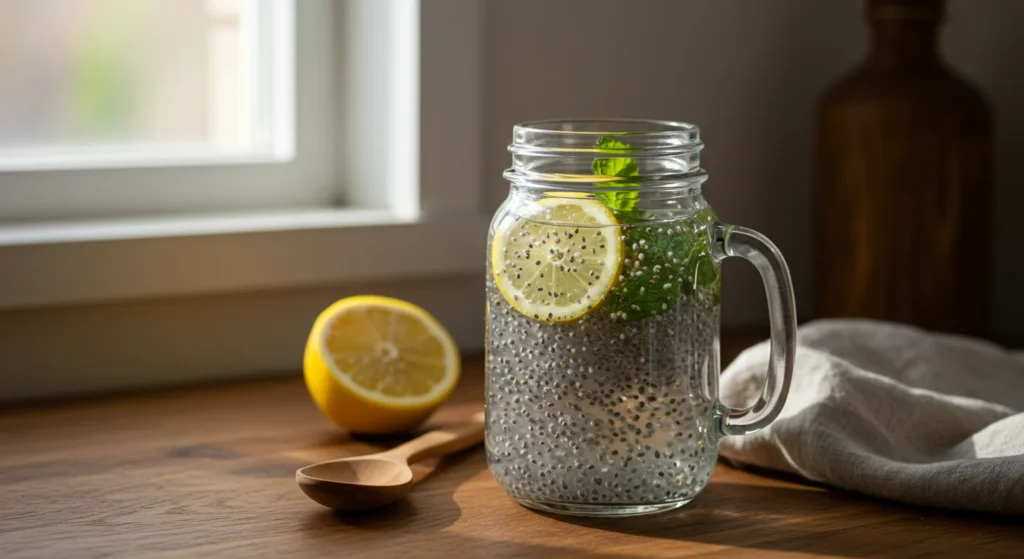 chia seed water in mason jar with lemon and mint