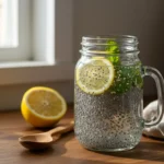 chia seed water in mason jar with lemon and mint