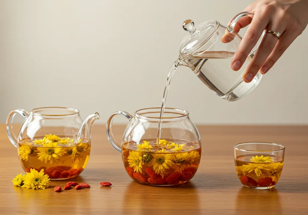 Brewing chrysanthemum tea with goji berries