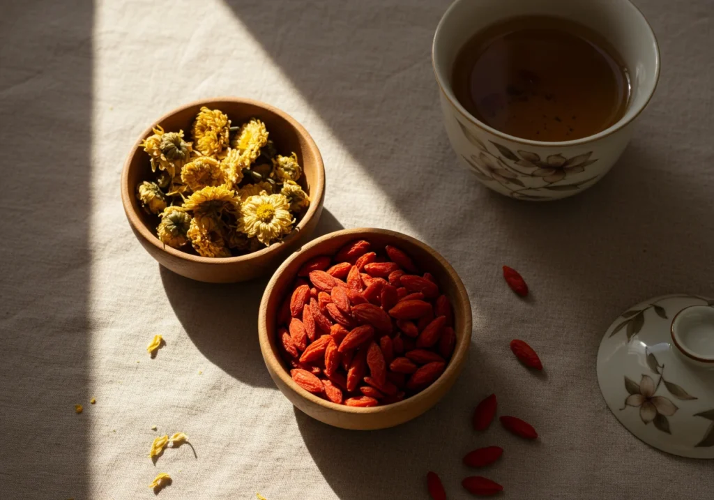 Dried chrysanthemum flowers and goji berries