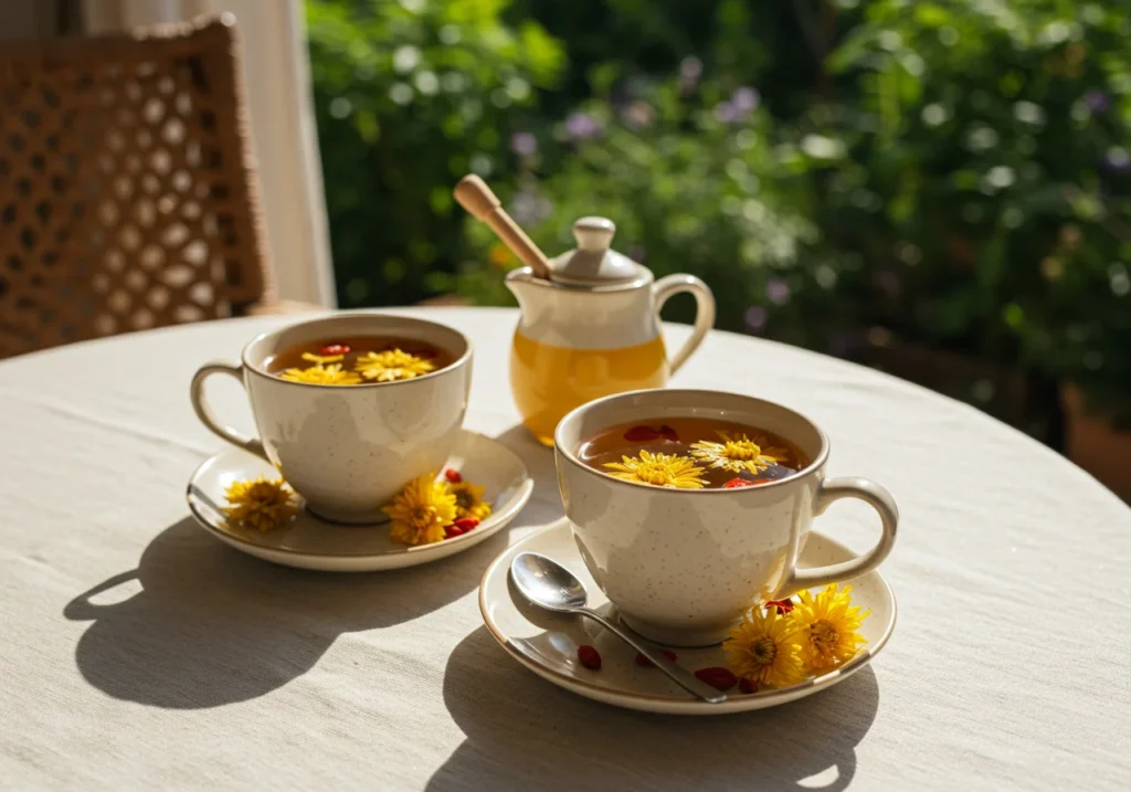 Served chrysanthemum and goji berry tea