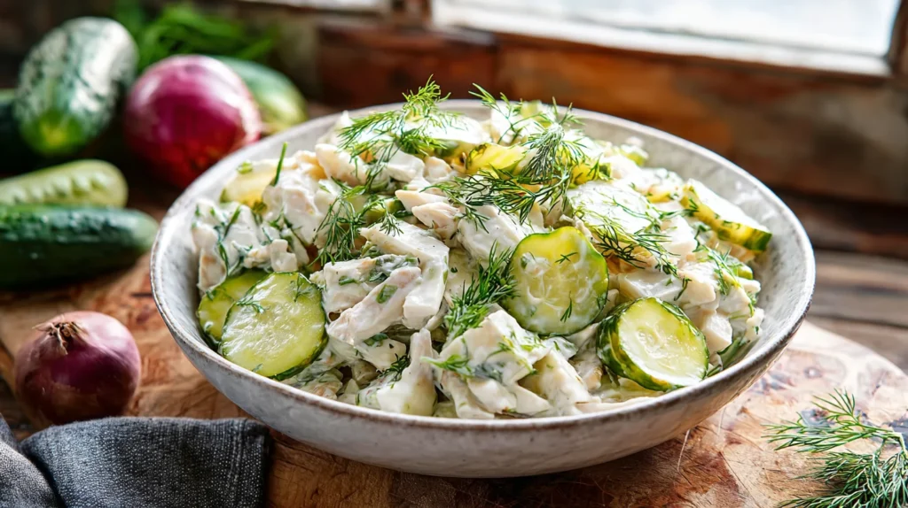 Dill pickle salad in rustic bowl