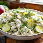 Dill pickle salad in rustic bowl