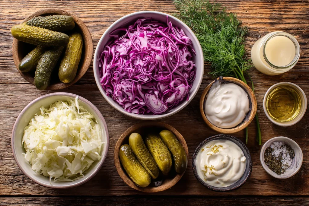 Dill pickle salad ingredients flat lay