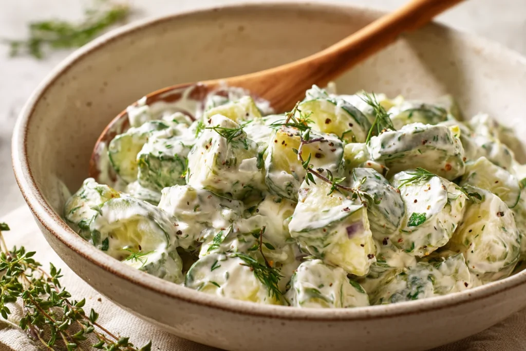 Mixing dill pickle salad