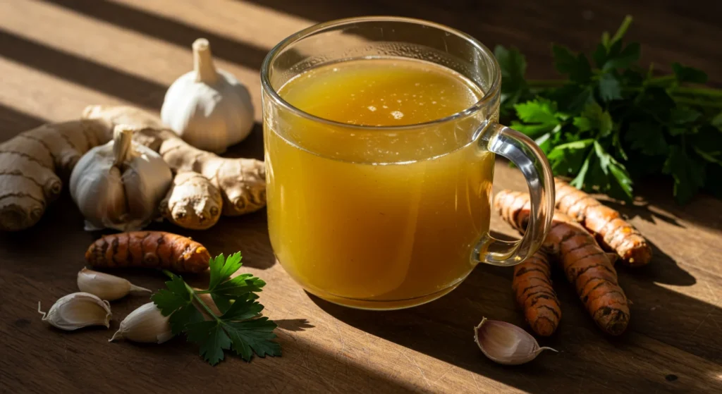 Gut healing bone broth in rustic Asheville kitchen