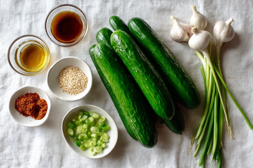 Ingredients for Korean cucumber salad laid out on white linen