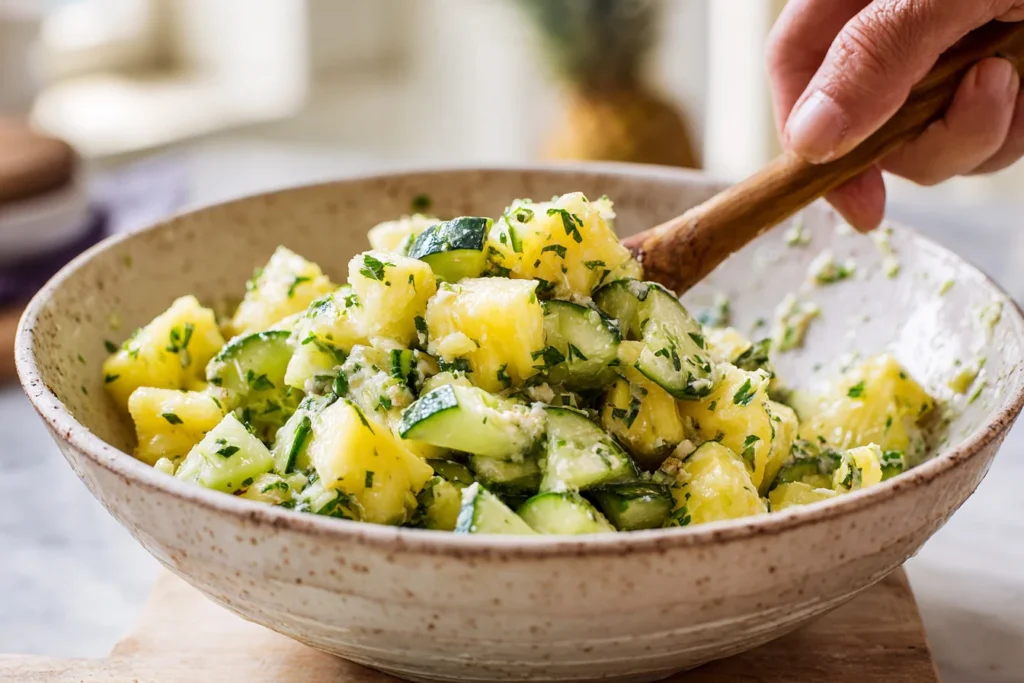 Mixing pineapple cucumber salad with lime juice and seasoning