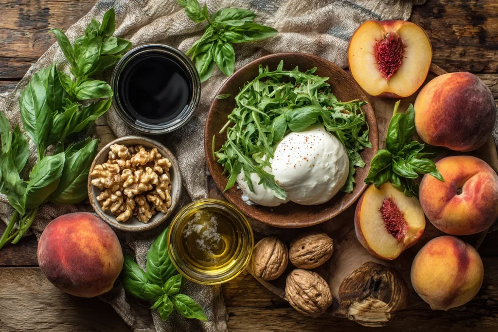 Peach burrata salad ingredients laid out on rustic table