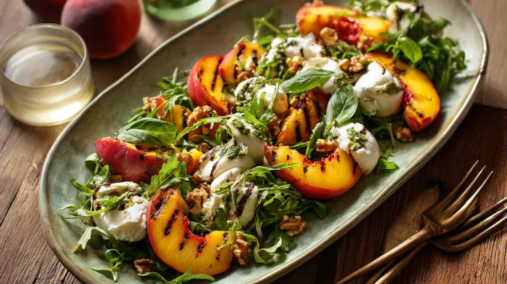 Peach burrata salad with grilled peaches and burrata on ceramic platter
