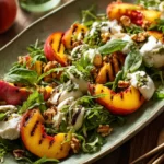 Peach burrata salad with grilled peaches and burrata on ceramic platter