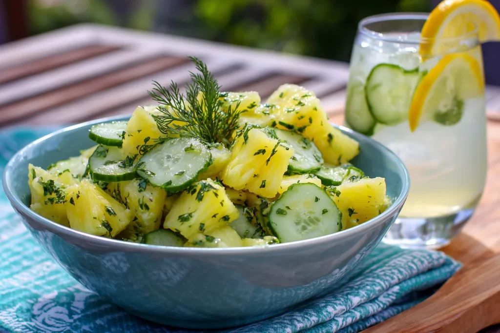 Served pineapple cucumber salad outdoors