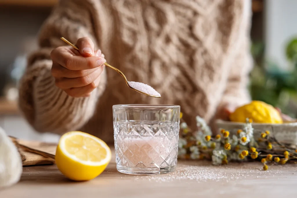 stirring pink salt into warm lemon water