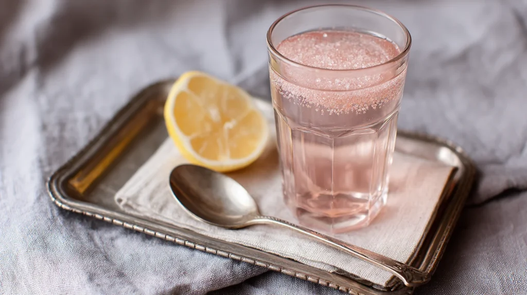 pink salt trick detox drink in warm kitchen light