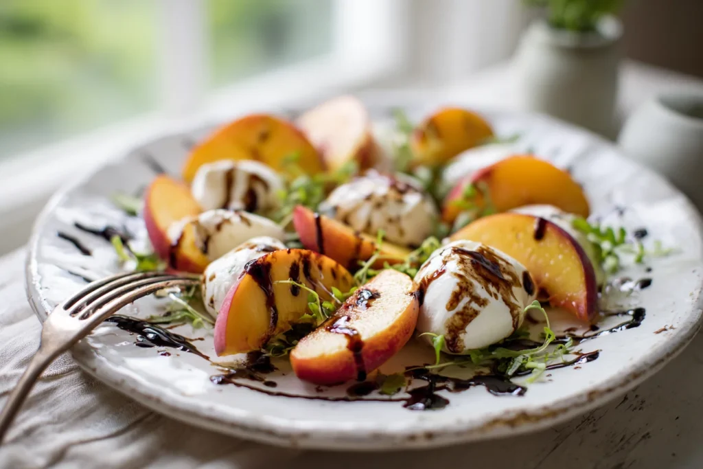 Peach burrata salad with grilled peaches and burrata on ceramic platter