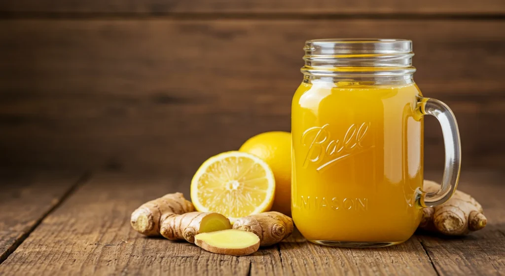 Turmeric ginger lemonade in mason jar on rustic table