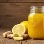 Turmeric ginger lemonade in mason jar on rustic table