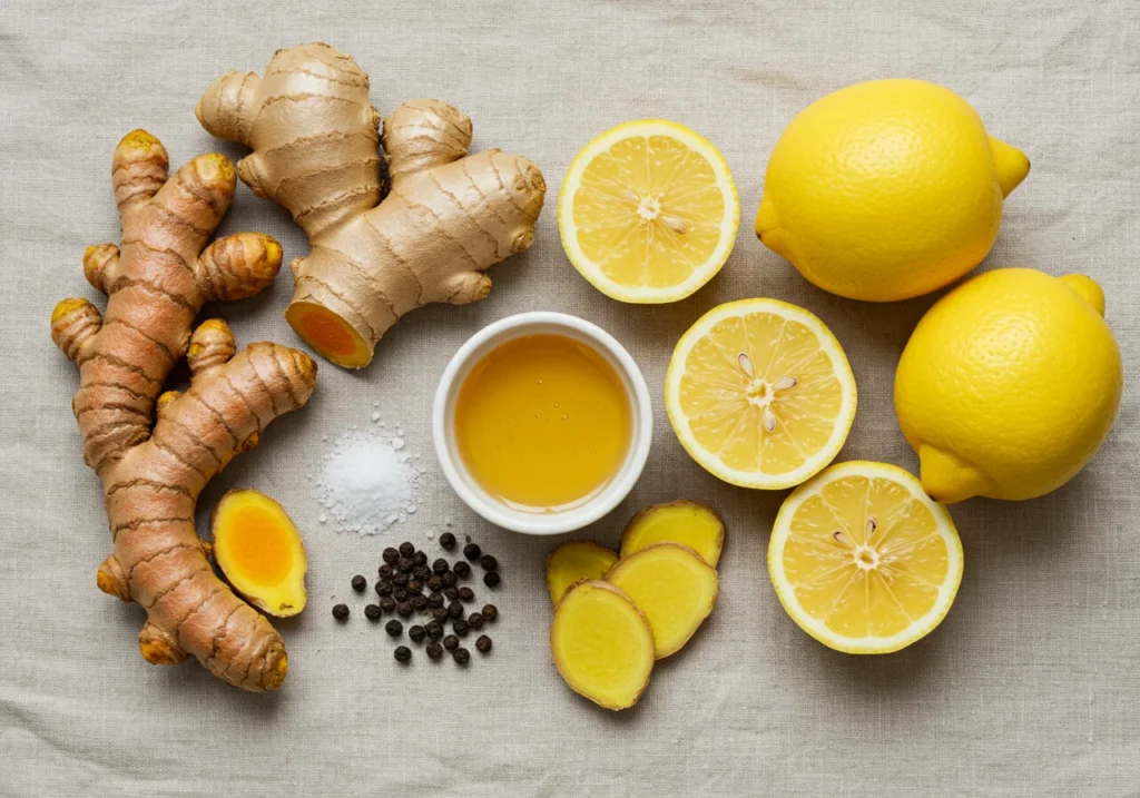 Fresh ingredients for turmeric ginger lemonade