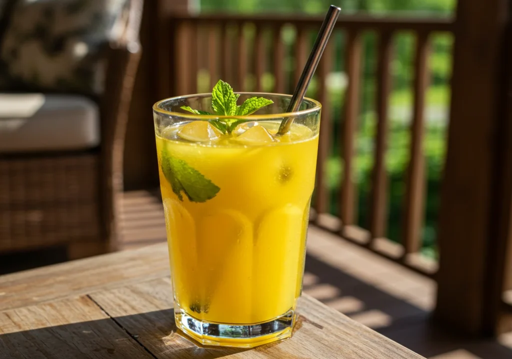 Served glass of turmeric ginger lemonade on porch