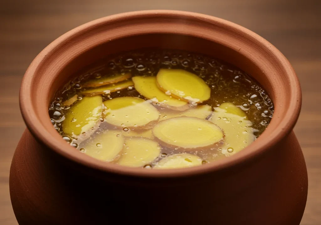 Simmering turmeric ginger mixture in pot